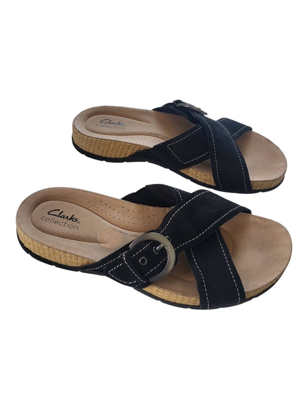 Clarks Comfort Black Slide Sandals with Buckle Size 10